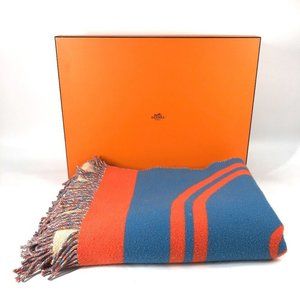 Auth HERMES Brides de Gala Plaid blanket interior fringe blanket Orange/blue